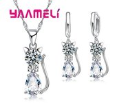 Real 925 Sterling Silver Color Jewelry Sets for Woman Girls Shining Austrian Crystal Cute Cat Pendant Necklace Huggie Earring