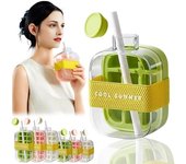 Cubitera - Bandeja para cubitos de hielo y botella de agua 2 en 1 sin contacto con tapa, molde de silicona antifugas para congelador, hervidor de hielo de fácil liberación con pajita, portátil y reutilizable para café, jugos y bebidas.