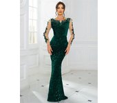 Elegant Lace Sequined Velvet Long Evening Dress Backless Hollow Out Full Sleeved Prom Wedding Party Gown