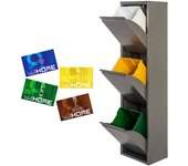 Cubo de Basura y Reciclaje Metálico Wellhome 3 Compartimentos + 4 Etiquetas Magnéticas