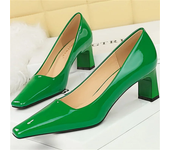 Women 6cm High Heels Pumps Lady Square Toe Glossy Patent Leather Block Low Heels Girl Green Blue Nude Wine Red Quality Shoes