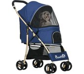 PawHut - Cochecito para perros plegable con cesta de almacenamiento, correas de seguridad, cojín incluido, ruedas con freno, tela Oxford 600D, acero, dimensiones: 80 L x 44,5 W x 97 H cm, azul oscuro
