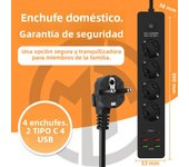 Recleta 10 en 1 USB-C 65W - Base de Carga rápida 4 USB + 2 Tipo-C PD-Conector Múltiple con 4 Tomas y Cable 2M - Certificación Segurad CE/FCC