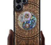 Funda magnética de madera para Samsung Galaxy S25 Ultra, con grabado artesanal de madera e incrustaciones de concha, compatible con cargadores inalámbricos MagSafe (Flores y pájaro) en madera negra.