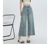 New 2024 Summer Jeans For Women Wide Leg Loose Denim Ankle-Length Pants Korean Fashion Streetwear Washed Blue Color Jeans Woman