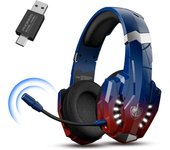 Auriculares Gaming Inalámbricos para PS4/PS5/Switch/PC/Teléfono Móvil/Portátil/Tableta, Dongle USB y Tipo-C de 2,4GHz, Micrófono con Cancelación de Ruido Desmontable, Estéreo 7.1, Luz LED