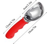 Cuchara para helado de acero inoxidable con agarre de goma antideslizante, resistente, para fruta y apto para lavavajillas (roja).