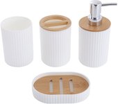 Set de baño 4 piezas dispensador + jabonera + 2 vasos blanco/natural