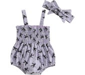 Pudcoco Baby Girls Summer Smocked Romper Plaid Bow Print Sleeveless Suspender Jumpsuit with Headband