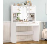 Tocador de Maquillaje con HD Espejo y 10 Bombillas, 3 Colores con Brillo Ajustable, Mesa de Tocador con 2 Cajones y 2 Armarios,Compartimentos Abiertos, tocador de Dormitorio, Moderno, Blanco