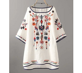 Camiseta de Algodón Lineno Bordada Talla Grande Casual Suelta Top de Otoño-Verano para Mujeres