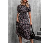 Woman's Dress, 2025 summer new round floral high waisted fashionable A-line mid length dress for women