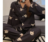 Conjunto de pijamas de satén para mujer, camisa de manga larga, pantalones largos, ropa de dormir para el hogar
