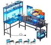 Mesa Gaming LED 170 x 100 cm, Escritorio Gaming en L con Enchufes y Puertos USB, Escritorio Esquinero con Estanteria, Mesa Gamer con Soporte para Monitor, Mesa Oficina Negro