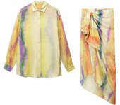 OUWU-  Conjunto De Dos Piezas Con Estampado Tie Dye Para Mujer, Blusa Holgada Con Botones Y Cordones, Falda Larga Irregular, Ropa De Otoño