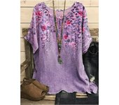 Women T Shirt Floral Printed Plus Size Top Flax Casual Loose Crew Neck Spring Summer