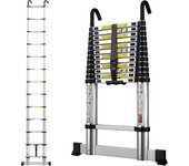 Escaleras Plegables Aluminio, 3,8m Escalera Telescópica, Escalera Plegable Portátil, con Barra Estabilizadora y Ganchos Extraíbles Adecuado para Mantenimiento del hogar, Camping, Carga 150 KG