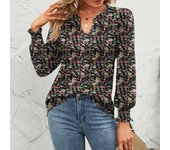 Plus size casual shirt, fully printed lantern sleeve V-neck top, with pleats on the chest, waist cinching slim fit shirt