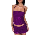 Y2k Fairy Coquette Women Lace Outfit Tie-up Back Sleeveless Crop Tops Low Rise Mini Skirt 2 Piece Set Party Club Matching Suit