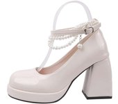 Vintage High Heels Mary Jane for Women 2025 Patent Leather Platform Pumps Woman Pearls Chain Thick-Heeled Shoes Female