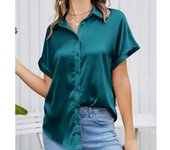 Camisa de satén de manga corta con botones para mujer, blusa holgada de seda para oficina, talla XXL