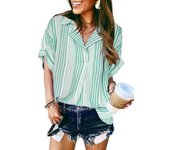 Women Summer Short Sleeve Blouse Lapel V Neck Daily Tops Green Stripes S