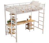 Cama con estructura de hierro, litera con mesa y estantes, adecuada para niños y adolescentes, cama infantil con escalera lateral, con protección contra caídas, hierro + MDF, blanco, 90x200cm (sin colchón)