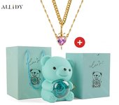 Luxury Hot Red Zircon Heart & Dagger Pendant Double Couple Necklace Set with Real Preserved Rose & Teddy Bear – Romantic Jewelry Gift for Mother’s Day, Valentine’s Day, Birthday & Anniversary