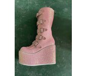 2021 Brand Fashion Gothic Street Cool Wedges Woman Shoes Buckles Big Size 43 Glittered Pink Chunky Platform Motorcycles Boots