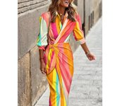 Women's New Fashion Printed Shirt Collar Tie Mid-Length Striped Long Sleeve Dress
