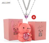 Luxury Hot Red Zircon Heart & Dagger Pendant Double Couple Necklace Set with Real Preserved Rose & Teddy Bear – Romantic Jewelry Gift for Mother’s Day, Valentine’s Day, Birthday & Anniversary