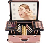 Professional Cosmetic Case Trolley with 4 Wheels and Lamp Mirror Dressing Table Beauty Makeup Case with Adjustable Legs