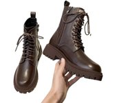 Otoño e invierno botas marrones mujeres botas de moto corto de felpa zapatos botas de cremallera con cordones