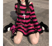 2025 suéteres góticos a rayas rosas para mujer, Jersey de punto holgado con agujeros rasgados, jerséis Grunge de hadas deshilachados, ropa de calle Emo Lolita