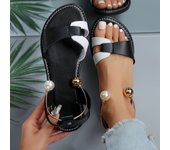 Women's Fashion Summer Sandals, Faux Pearl Metallic Strap Slip On Beach Flat Shoes, Casual Outside Sandals