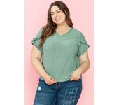 Elrachen Women's Petal Sleeve Jacquard V Neck Curvy Blouse, Laurel Green, Sizes 1X-3X