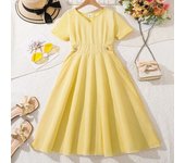 Kids 2025, New Summer 8 to 12 Years, Light Yellow Striped Short Sleeve Dress, Chic and Simple Casual Dress for Girls