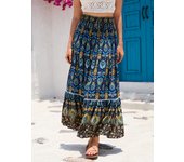 Women Bohemia Skirt Long Vintage Dress Floral Printed Rayon A line Large Hem Elastic Waist red blue