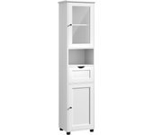 Mueble Baño, Armario Baño, Armario Alto, Compartimento Abierto, Puerta de Cristal, Estrecho, con Patas, Estantes Regulables en Altura, Ahorro de Espacio, Blanco Arce BBK163T44