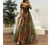 2025 Casual Pleats Women's Long Dresses New Summer Mesh Printed Lady Evening Fashion Strapless Slim Fit Split Party Dress