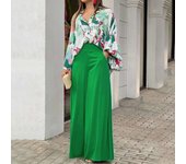 Spring Autumn Print Pant Sets Women Fashion Temperament Casual Loose Two Piece Set Flared Sleeve Shirts Wide Leg Pants Lady Suit