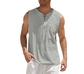 Men's Fashion Beach Sleeveless Shirts Hippie Tank Top Linen Viking Tunic for Summer Men's sleeveless tops medieval eyelet tie stand collar men's pullover shirt