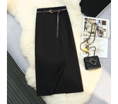Solid Color Front Split Women's Skirts Spring Summer New High Waist Vintage Office A-Line Mid Skirts Female
