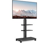 Soporte TV de Pie con Ruedas Blanco para Pantallas de 32 a 70 Pulgadas,Giro de 60°,MAX VESA 600 * 400mm,Ajuste de Altura,Gestión de Cables, Soporte TV Ruedas con 2 Estantes y Base Madera