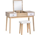 Tocador de Maquillaje con Espejo Abatible Mesa de Maquillaje con Taburete Acolchado Cojín Suave Compartimentos y Cajones Patas de Madera Maciza 100x45x118 cm Color Natural