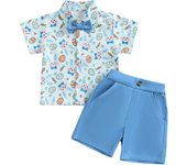 Pudcoco Baby Toddler Boy Easter Outfit Rabbit Egg Short Sleeve Button-up Shirt with Bowtie Solid Shorts 2 Piece Set 6M-4T