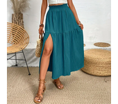 Nueva falda de mujer, falda Midi bohemia a la moda, cintura alta, falda lisa con volantes, faldas informales con abertura lateral para la playa, falda de 3 colores
