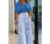 Women casual 2 pieces set elegant v neck short sleeve tops and print wide leg pants