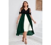 Spring Summer New Plus Size Women's V-neck Patchwork Fake Two-piece Irregular Mid-sleeve Dress