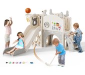niños pequeños, tobogán pequeño con Forma de Dinosaurio con Marco de Bola, aro, Equipo de Juegos con tobogán para niños, tobogán para bebés de 1 a 3 años (Dinosaurio-Beige Gris)